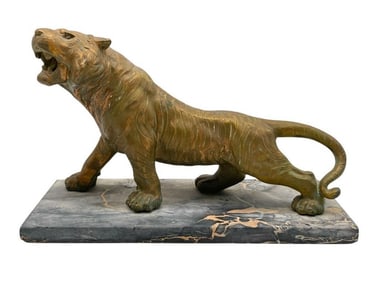SCULPTED BRONZE ROARING TIGER STATE ON MARBLE 13.5