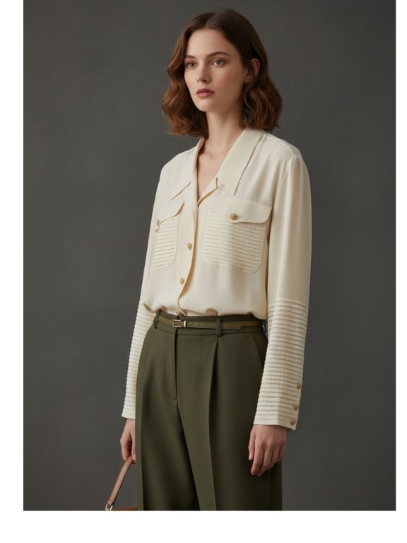 CHANEL BOUTIQUE SILK BLOUSE PLEATED POCKETS 8/10 (1 of 6)