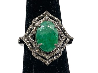 EMERALD & STERLING ART DECO–STYLE RING 6G SZ 7