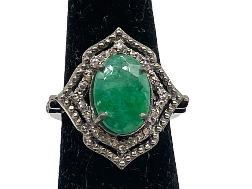 EMERALD & STERLING ART DECO–STYLE RING 6G SZ 7 (1 of 4)