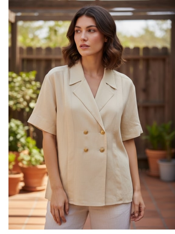 VTG CHANEL CREAM LINEN SHORT SLEEVE BLOUSE 8/10 (1 of 8)