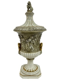 CAPODIMONTE COVERED URN WITH FIGURAL RELIEF 21"