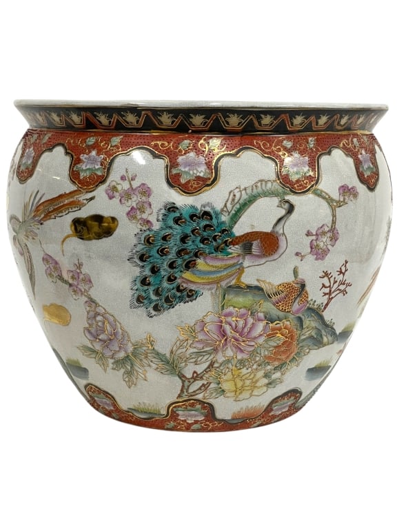LARGE PORCELAIN  FISHBOWL WITH PEACOCK & PEONY 14" (1 of 6)
