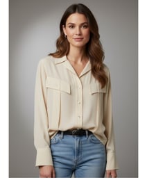 CHANEL CREAM SILK BLOUSE W FRONT POCKETS SZ 8/10