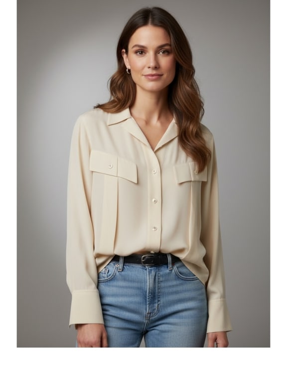 CHANEL CREAM SILK BLOUSE W FRONT POCKETS SZ 8/10 (1 of 6)