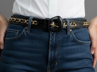 CHANEL BLACK LEATHER BELT WITH GOLD CHAIN