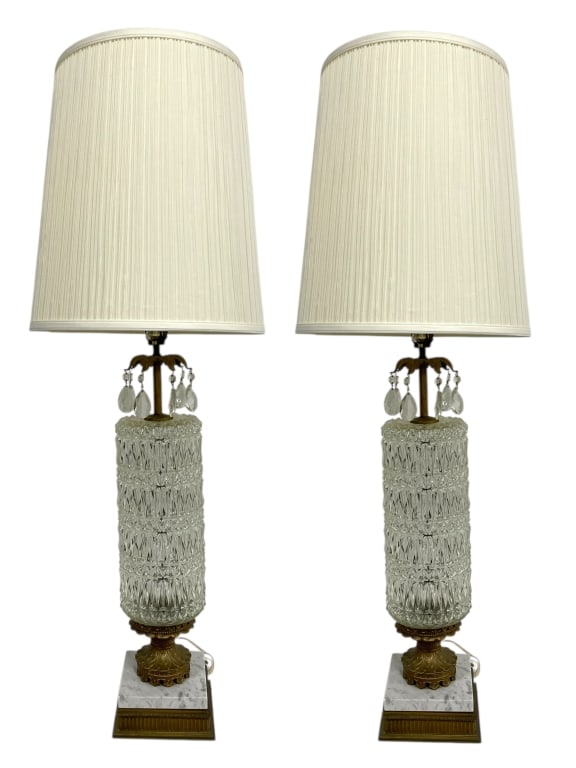 PAIR OF VINTAGE CUT GLASS &  BRASS TABLE LAMPS 43" (1 of 7)