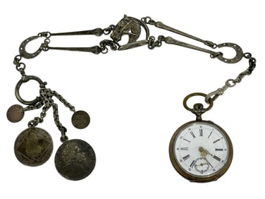 ANTIQUE EUROPEAN POCKET WATCH W EQUESTRIAN CHAIN
