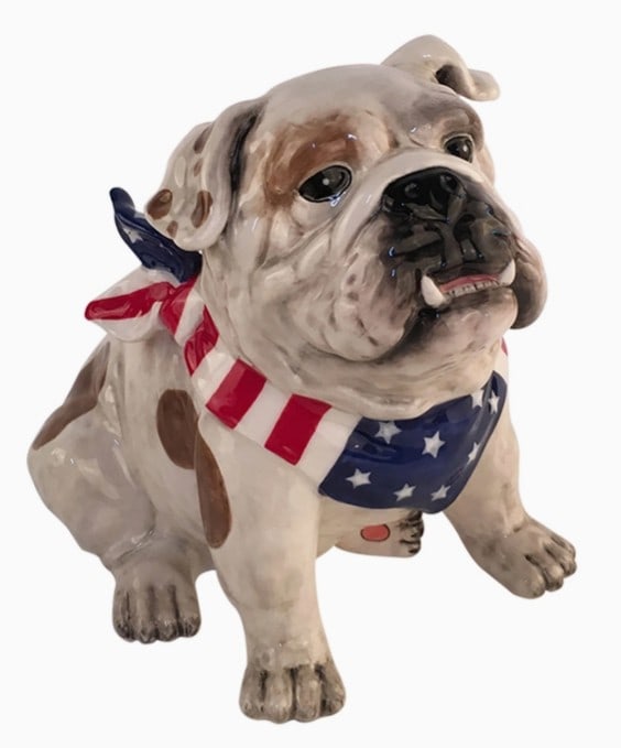 NEW! STARS AND STRIPES FRENCH BULLDOG COOKIE JAR: Experience the charm of Blue Sky Clayworks with our Stars and Stripes Forever Bulldog Cookie Jar. A delight, this unique cookie jar is designed to add a whimsical touch to your kitchen and tabletop. K