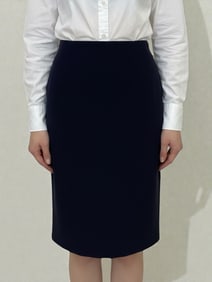 CHANEL NAVY WOOL SKIRT W GOLD CC BUTTONS SZ 40