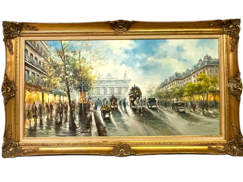 J. GASTON PARIS STREET SCENE OIL PAINTING: PARIS STREET SCENE OIL PAINTING SIGNED J. GASTON -This impressive and atmospheric Paris boulevard scene, signed J. Gaston, measures approximately 32" x 56" and features a richly painted streetscape al