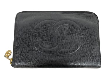 CHANEL BLACK CAVIAR LEATHER ZIP WALLET WITH CC LOG