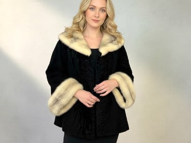 BLACK PERSIAN LAMB FUR COAT W MINK COLLAR & CUFFS