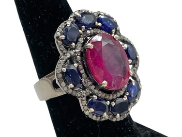 RUBY & SAPPHIRE STYLE COCKTAIL RING SZ 7
