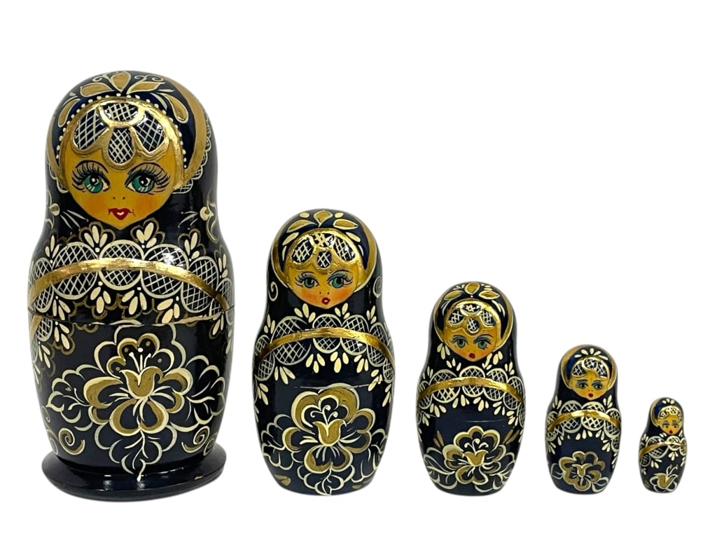 RUSSIAN BLACK & GOLD MATRYOSHKA NESTING DOLLS 6": RUSSIAN BLACK & GOLD MATRYOSHKA NESTING DOLLS 6" -Very good pre owned condition -5 nesting dolls in set -Largest approx 6" tall -Beautiful hand-painted Russian Matryoshka nesting doll set featuring fi