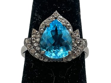 STERLING SILVER PEAR-CUT BLUE TOPAZ RING 3G SZ 7.5
