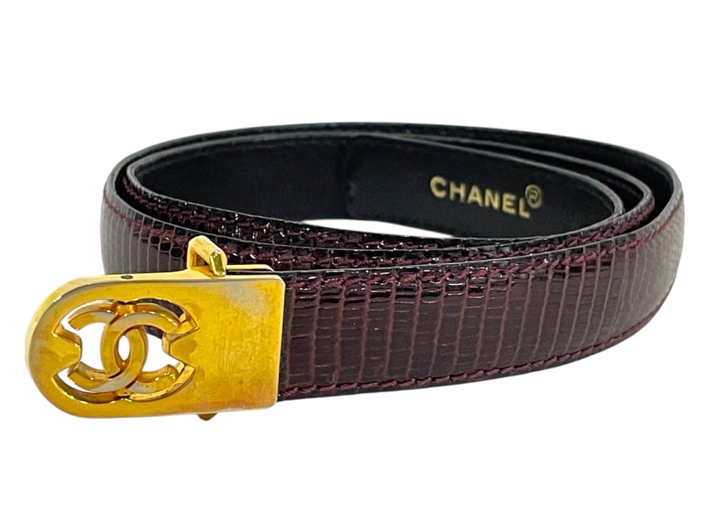 CHANEL BURGUNDY LIZARD-EMBOSSED LEATHER BELT 75/30 (1 of 6)
