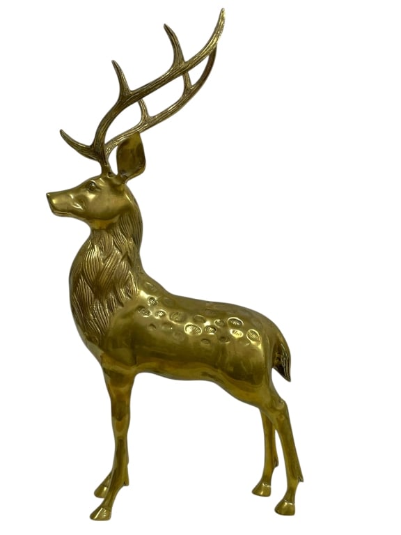 LARGE IMPOSING BRASS STAG SCULPTURE 24": LARGE IMPOSING HOLLYWOOD REGENCY ERA BRASS STAG SCULPTURE -LARGE IMPOSING HOLLYWOOD REGENCY ERA BRASS STAG SCULPTURE DEPICTING A MALE DEER (STAG) WITH MASSIVE, FULL ANTLERS. -This commanding sculpture