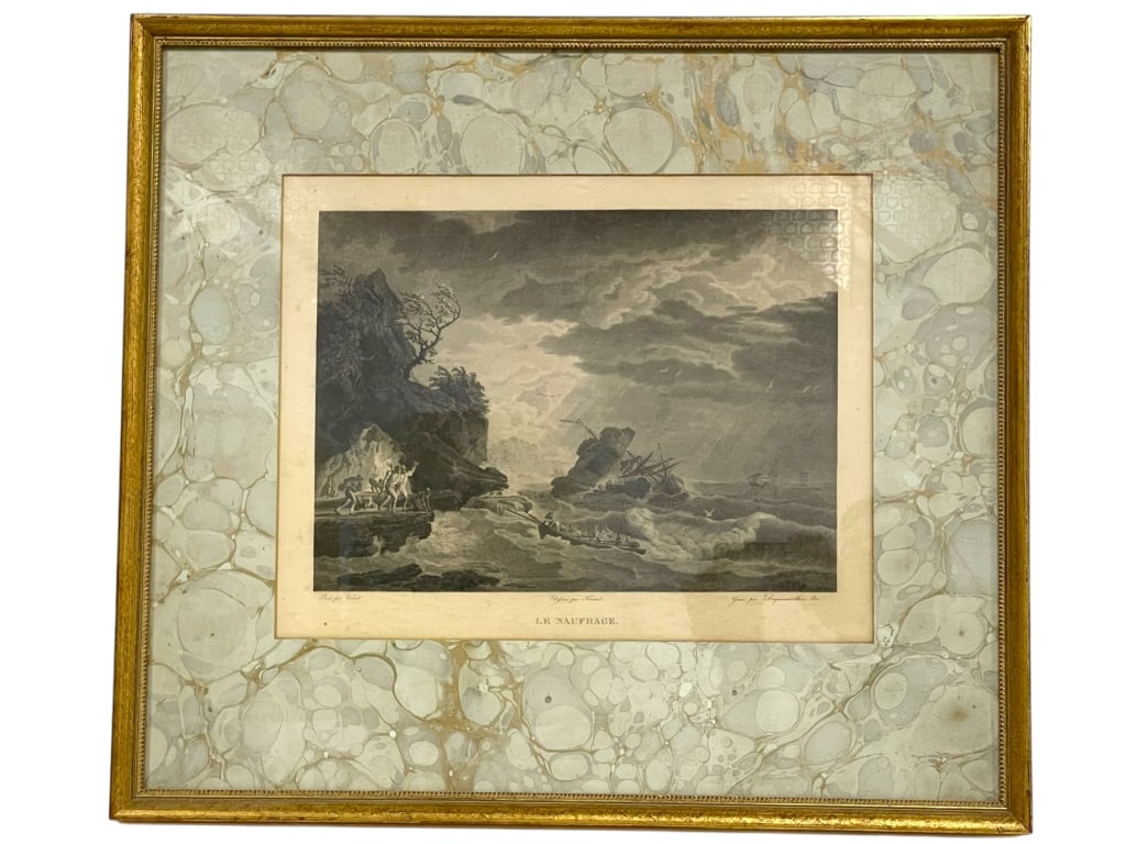 FAURET ANTIQUE FRENCH MARITIME ENGRAVING 23": ANTIQUE FRENCH ENGRAVING “ LE NAUFRAGE AFTER FAURET, FRAMED WITH MARBLED MAT -This antique French engraving titled Le Naufrage (The Shipwreck), after Fauret, features a dramatic coastal scene render
