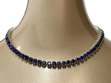 STERLING SILVER BLUE SAPPHIRE TENNIS NECKLACE 48G