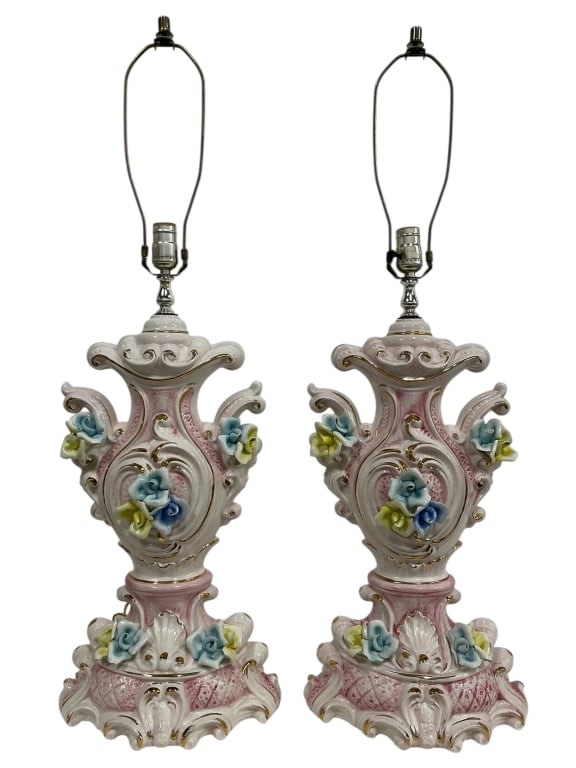 PAIR OF ITALIAN CAPODIMONTE PORCELAIN LAMPS 34": PAIR OF ITALIAN CAPODIMONTE PORCELAIN LAMPS WITH PASTEL FLORAL MOTIF -Very good pre owned condition, lamps untested -Approx 34"h x 10"w -Charming pair of vintage Capodimonte porcelain table lamps, eac