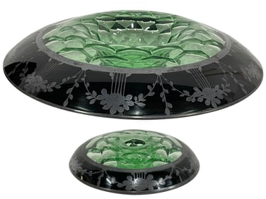 ANTIQUE GREEN GLASS DISH & MATCHING CANDLE HOLDER