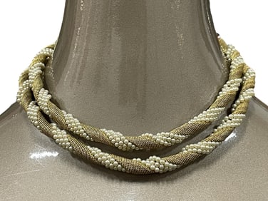 GOLD-TONE MESH & FAUX PEARL DOUBLE-STRAND NECKLACE