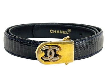 CHANEL NAVY LIZARD-EMBOSSED LEATHER BELT 75/30