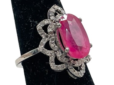 RUBY & STERLING SILVER STATEMENT RING 4G SZ 7