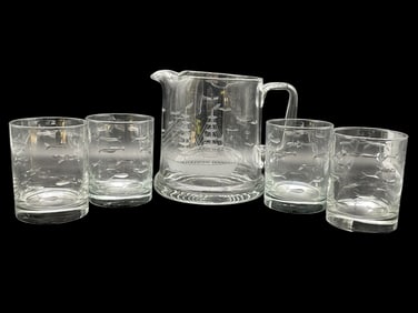 ETCHED GLASS PITCHER AND FOUR MATCHING GLASSES
