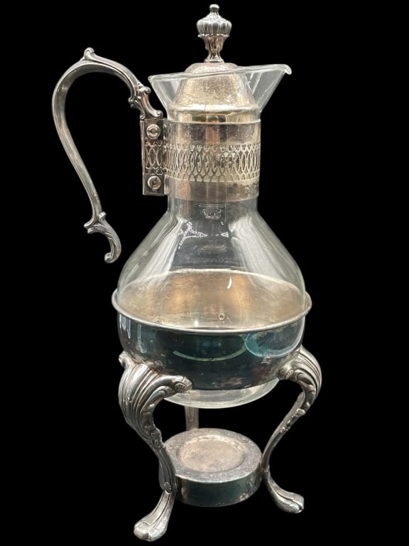 SILVER & GLASS COFFEE / TEA WARMER WITH STAND 14" (1 of 7)