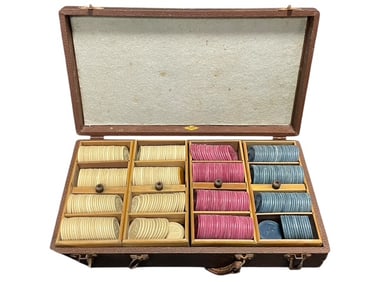ANTIQUE RED CLAY CASED SET OF POKER CASINO CHIPS