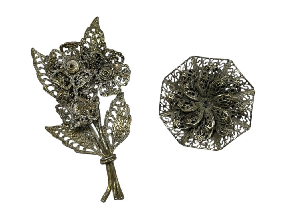 ANTIQUE PR ORNATE SILVER FILIGREE FLORAL BROOCHES (1 of 8)
