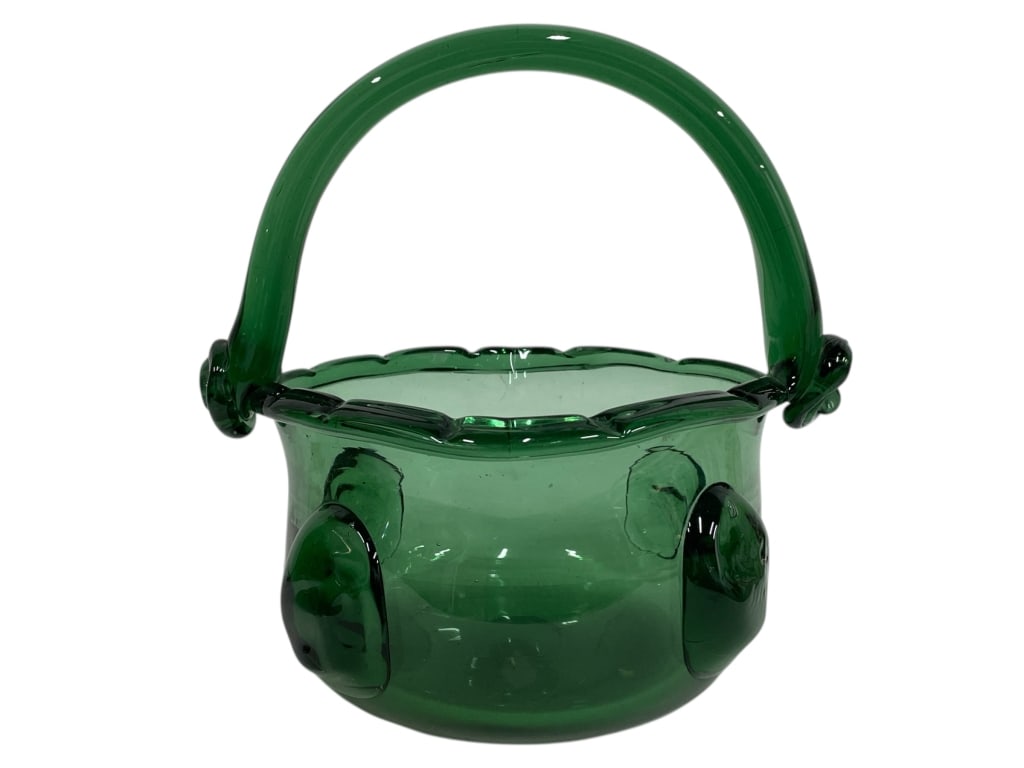 VINTAGE HAND-BLOWN GREEN ART GLASS BASKET 10" (1 of 6)