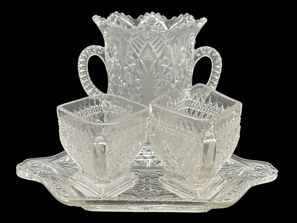 VINTAGE PRESSED GLASS CREAMER, SUGAR & TRAY SET (1 of 5)