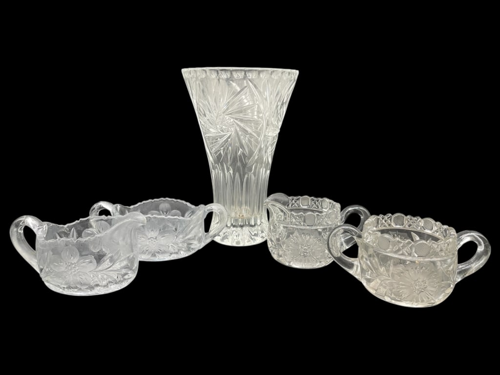 CUT GLASS VASE & PRESSED GLASS SUGAR BOWLS LOT (1 of 4)