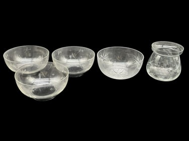 SET OF 5 ETCHED CLEAR GLASS BOWLS