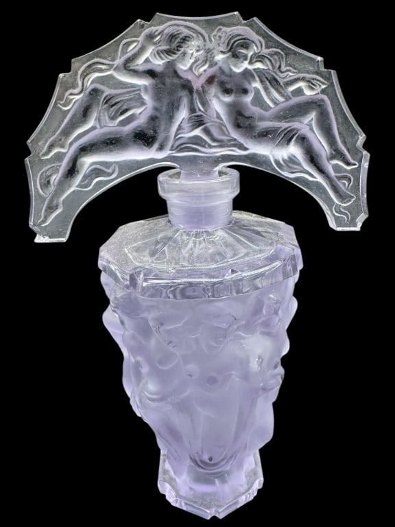 SIGNED LALIQUE FRANCE LAVENDER CRYSTAL PERFUME: SIGNED LALIQUE FRANCE FROSTED LAVENDER CRYSTAL PERFUME BOTTLE WITH NUDE FIGURAL STOPPER -A stunning signed Lalique France frosted crystal perfume bottle in a rare lavender hue, featuring an exquisite