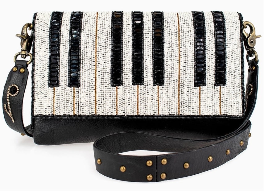 NEW MARY FRANCES KEYNOTE CROSSBODY HANDBAG: NEW MARY FRANCES KEYNOTE CROSSBODY HANDBAG Bring music to your everyday look with this leather crossbody handbag featuring a front flap of hand-beaded piano keys. Includes 2 removable straps: a chain