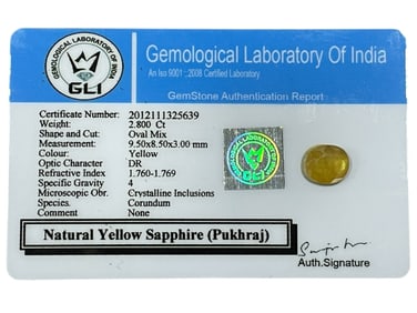 NATURAL YELLOW SAPPHIRE (PUKHRAJ) 2.800 CT W GLI