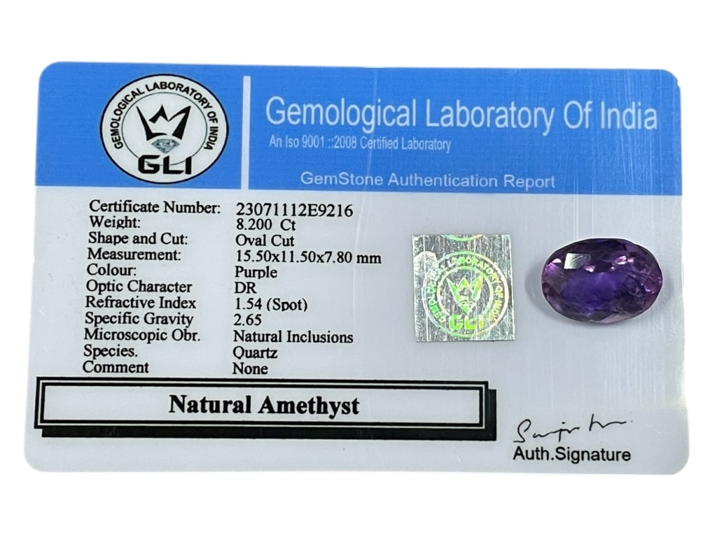 NATURAL AMETHYST – 8.200 CT WITH GLI AUTH REPORT (1 of 2)
