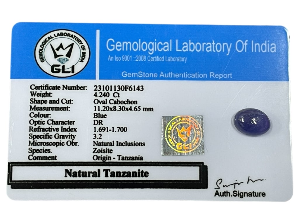 NATURAL TANZANITE – 4.240 CT WITH GLI AUTH REPORT (1 of 2)