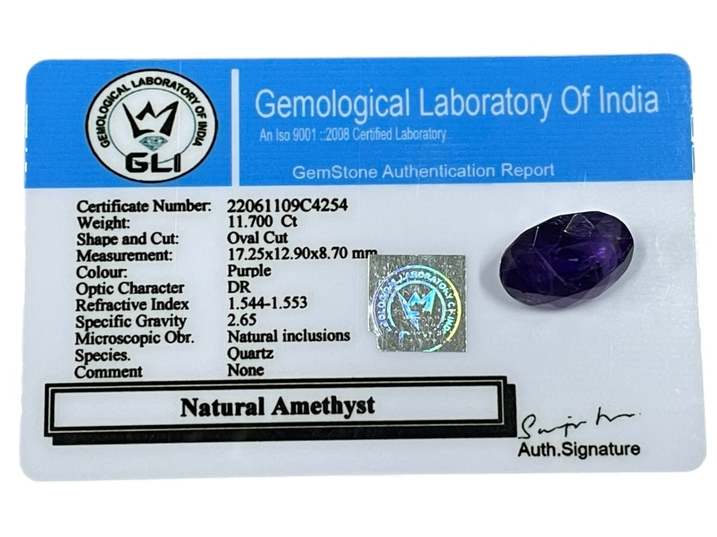 NATURAL AMETHYST – 11.700 CT WITH GLI AUTH REPORT (1 of 2)