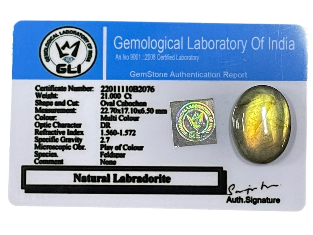 NATURAL LABRADORITE – 21.000 CT W GLI AUTH REPORT (1 of 2)