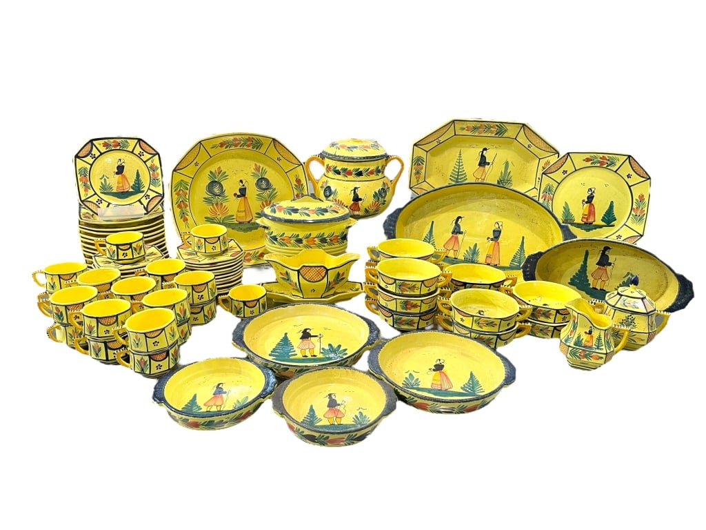 QUIMPER FAIENCE SOLEIL YELLOW DINNERWARE SET: QUIMPER FAIENCE SOLEIL YELLOW DINNERWARE SET -Vintage condition, some chips and wear throughout -Set includes: 21 teacups 20 saucers 5.5" 12 plates 7" 1 serving platter 13" 2 small round dishes 6" 1 m