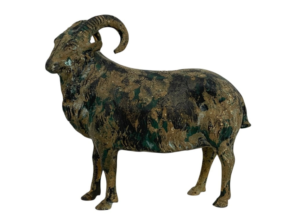CAST METAL RAM SCULPTURE 8": CAST METAL RAM SCULPTURE 8" -Vintage condition -Approx 7.5"h x 8"w -featuring a beautifully detailed form with naturalistic texture and a rich aged patina of green and brown tones. This hand-cast meta