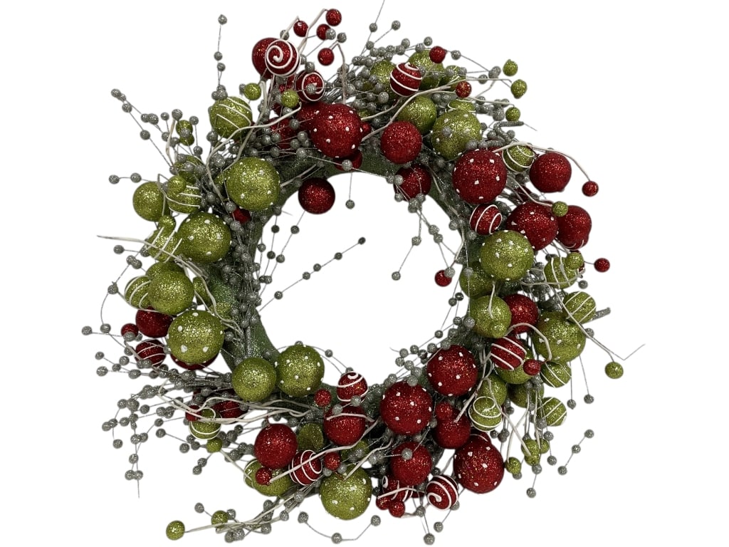 FESTIVE CHRISTMAS WREATH W RED, GREEN & SILVER 16": FESTIVE CHRISTMAS WREATH WITH RED, GREEN & SILVER GLITTER ORNAMENTSThis vibrant and full holiday wreath features an explosion of red, green, and silver glittered ornaments in assorted sizes, accented