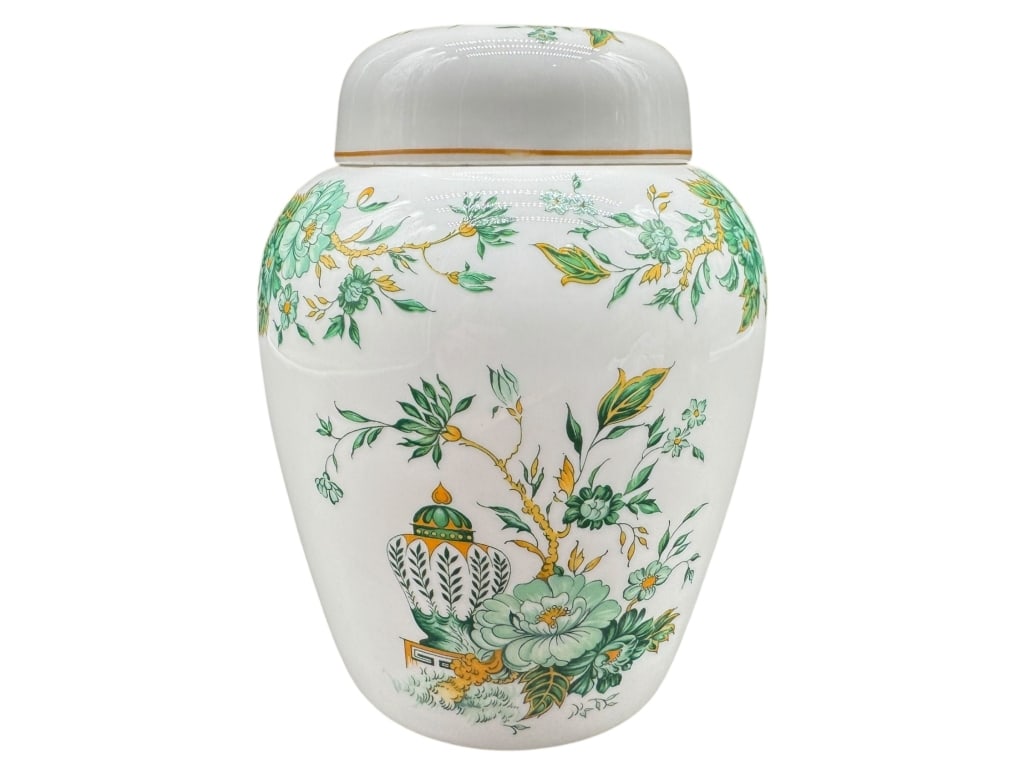CROWN STAFFORDSHIRE “KOWLOON?? LIDDED GINGER JAR: CROWN STAFFORDSHIRE “KOWLOON” LIDDED GINGER JAR -A fine bone china Crown Staffordshire England lidded ginger jar in the “Kowloon” pattern, decorated with green, yellow, and gold styliz