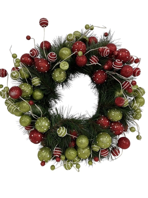 GLITTERED RED & GREEN HOLIDAY ORNAMENT WREATH 16" (1 of 5)