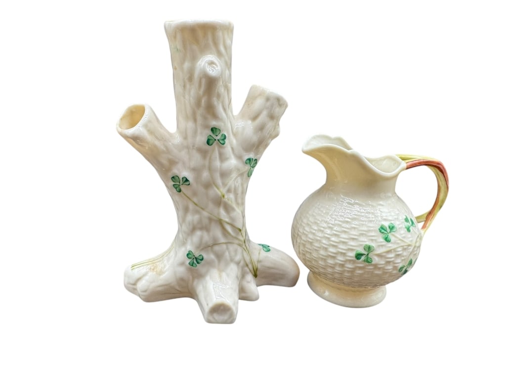 BELLEEK IRELAND SHAMROCK VASE & CREAMER (1 of 4)